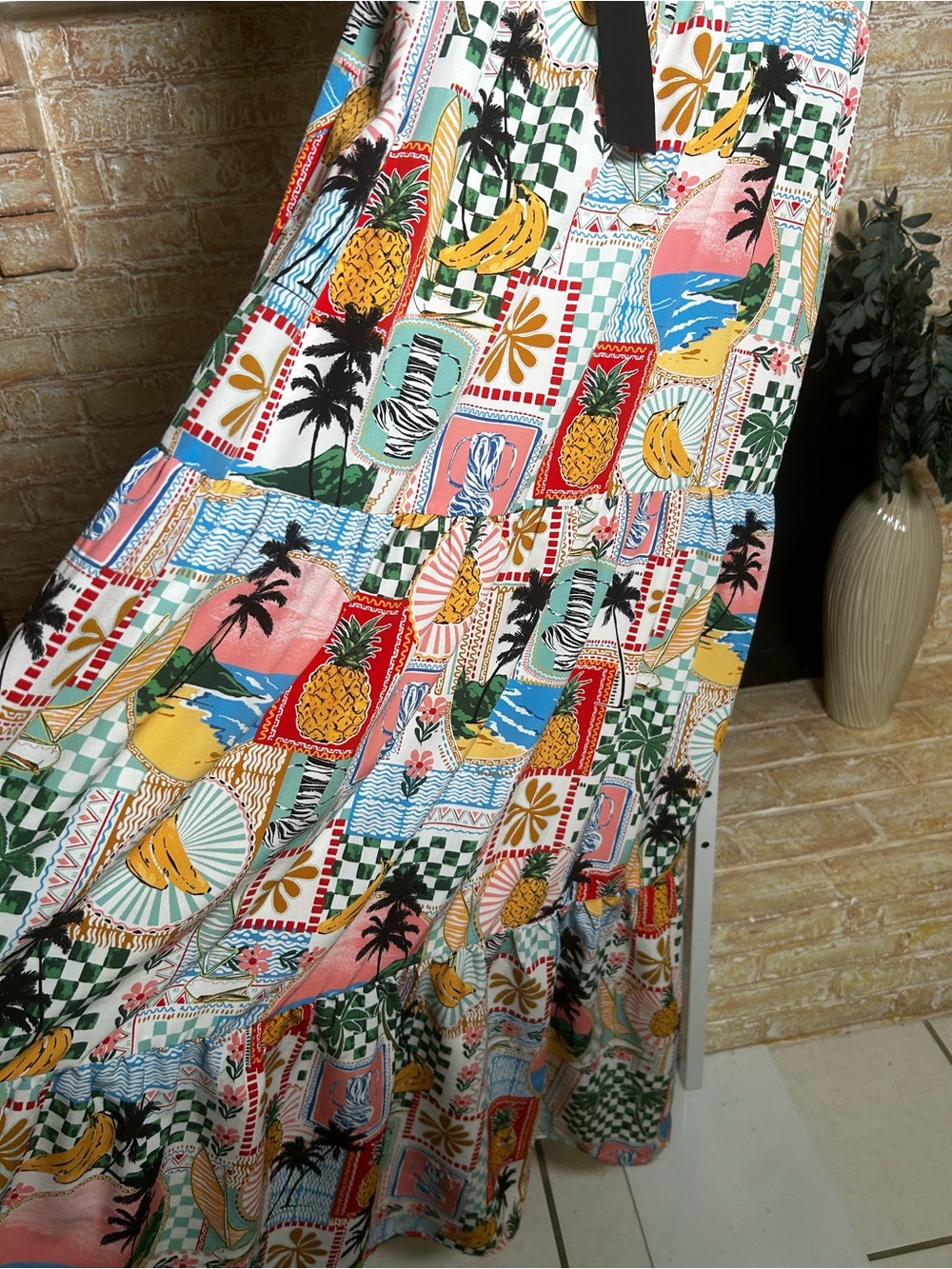 Skies Are Blue Tropical Patchwork Tiered Maxi Dress M Resort Boho old money #632 - Picture 3 of 14